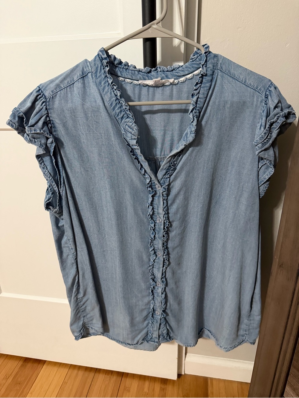 Jane and Delancey Light Blue Ruffle-Trim Sleeveless Chambray Top